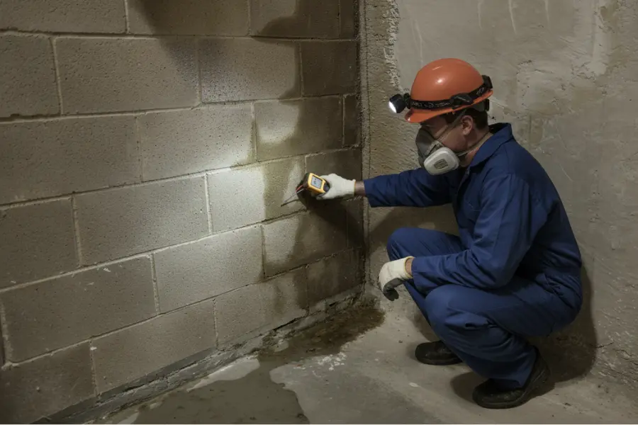 Huntsville water damage restoration technician using moisture meter to inspect damp concrete block wall in basement